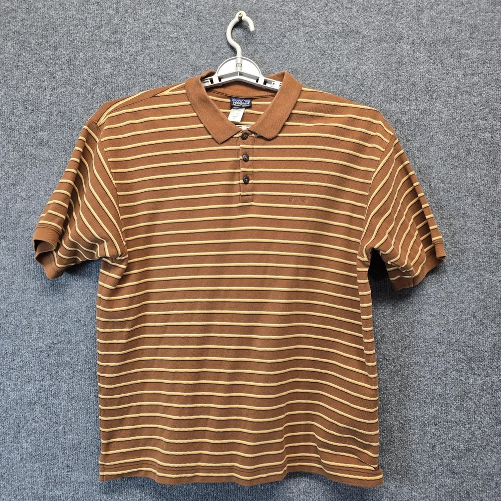 Patagonia Polo Shirt Mens XL Brown Stripe Organic Cotton Casual Outdoor